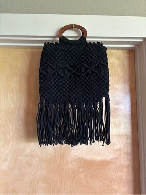 Danielle Nicole Black Macramé Crochet Fringe Crossbody Bag